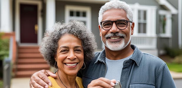 Happy senior couple together of a new home , Senior couple holding key and standing outside new house , Retirement couple and real estate concept , Created with Generate Ai Technology