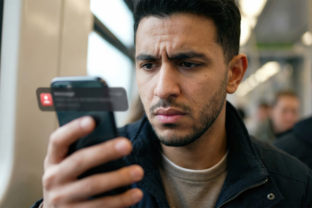 concerned man looking at phone scam