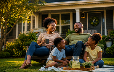family in front of house
